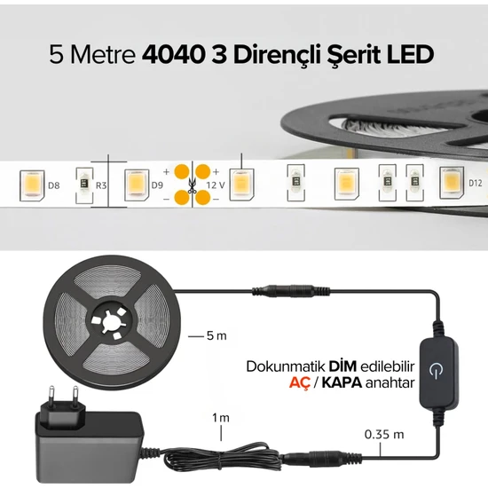 AmberLED 12V Yüksek Parlaklık 4040 Şerit LED Tak Çalıştır Hazır Set Beyaz, Günışığı, Amber Dokunmatik Aç-Kapa Dim Edilebilir Anahtar Adaptör Dahil 2-3-5 Metre Mutfak, Tezgah, Dolap İçi, Ayna İçin