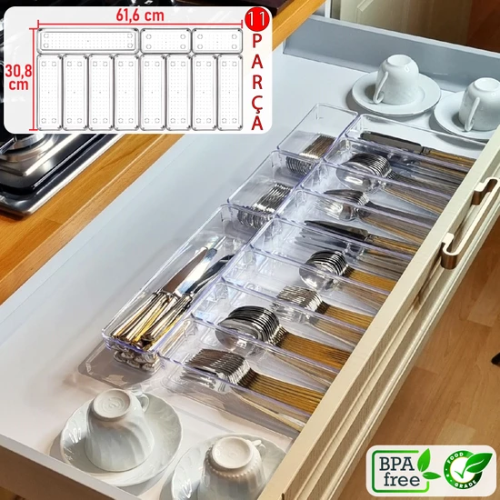 Color House 11'li Set Modüler Kaşıklık Mutfak Çekmece Içi Organizer Şeffaf Clear Çatal Bıçak Kaşık Düzenleyici
