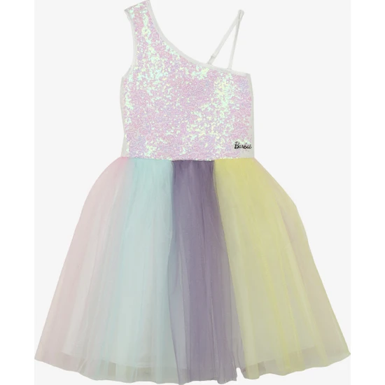 Barbie Çok Renkli Kız Çocuk Tek Omuz Regular Fit Payetli Elbise BRB4SG-ELB6001