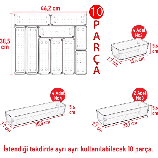 Color House 10'lu Set Modüler Kaşıklık Şeffaf Çekmece Içi Düzenleyici Mutfak Buzdolabı Organizer Düzenleyici Set