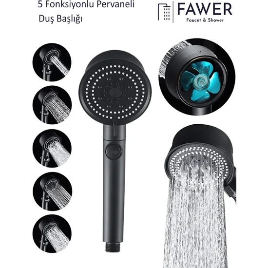 FAWER Faucet & Shower Siyah Turbo 5 Fonksiyonlu Pervaneli Duş Başlığı El Duşu