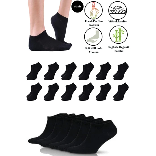 Premium Natural Socks Erkek-Bayan Bambu Siyah Patik Çorap 12'Li(Soft Yıkama)(Parfümlü)(Imalattan)