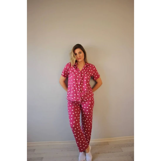 Bie's Kadın Düşük Kol Oversize Üst Önden Düğmeli Kısa Kol Viskon Gömlek Yaka Pijama Takımı