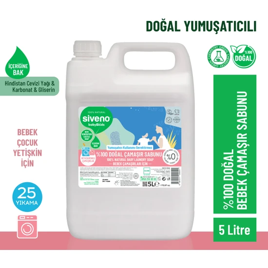 Siveno %100 Doğal Bebek Çamaşır Sabunu Kendinden Yumuşatıcılı Bitkisel Deterjan Konsantre Vegan 5000 ml