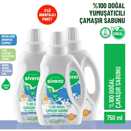 Siveno %100 Doğal Çamaşır Sabunu %100 Bitkisel Deterjan Yumuşatıcı Gerektirmez Konsantre Vegan 750 ml X 3 Adet