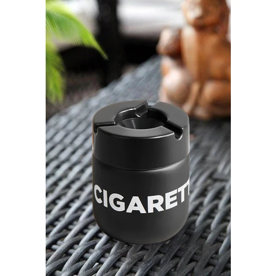 Cigarette Yazılı Cam Hazneli Yanmaz Plastik Kokusuz Kapaklı Ev Araç Içi Küllük Kül Tablası - Siyah