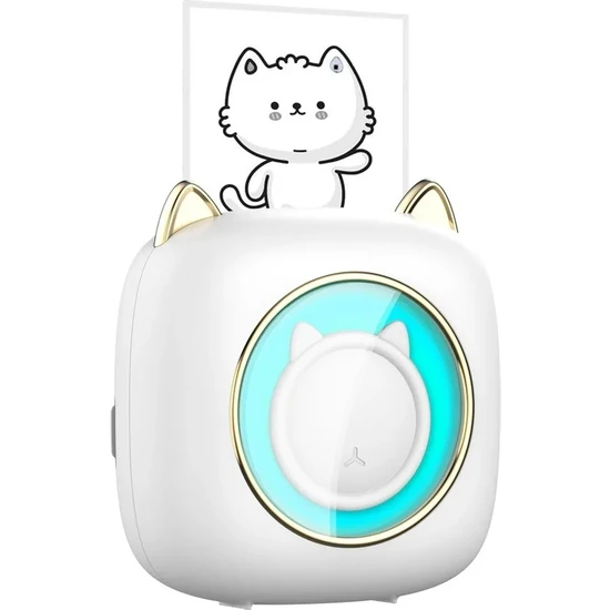 Schulzz Mini Cep Termal Yazıcı Beyaz Kedili, 1adet Beyaz, 3adet Renkli Sticker Rulo Hediyeli