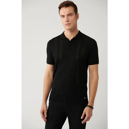 Avva Erkek Siyah Polo Yaka Ajur Detaylı Regular Fit Triko T-shirt A41y5096