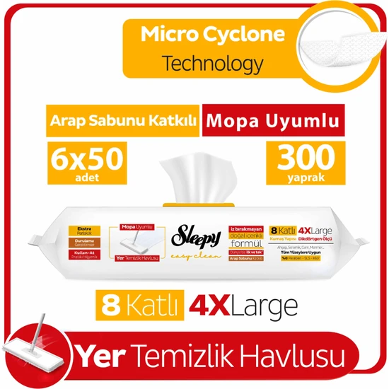 Sleepy Easy Clean Arap Sabunu Katkılı Mopa Uyumlu Yer Temizlik Havlusu 6X50 (300 Yaprak)