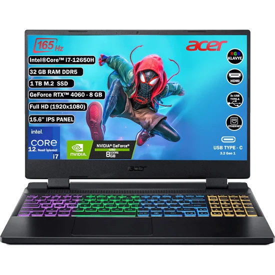 Acer Nitro 5 Intel Core i7-12650H 32GB 1TB SSD 8GB RTX4060 Linux 15.6 165Hz Siyah Gaming PC NH.QM0EY.00C