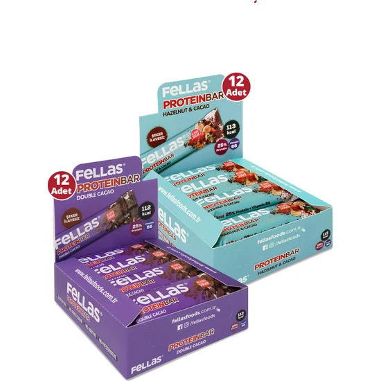 Fellas Protein Bar 32 G Süper Ikili Kutu 24 Adet - Duble Kakaolu x 12 Adet + Fındıklı x 12 Adet