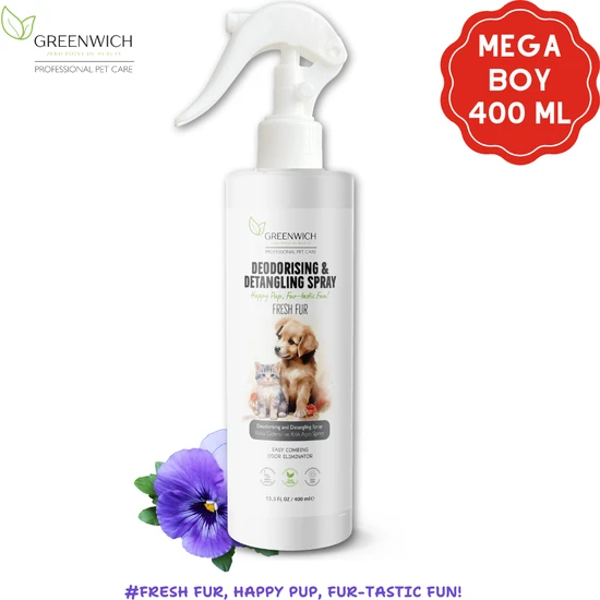 Greenwich Kıtık Açıcı Koku Giderici Kolay Tarama Spreyi Vegan Kedi Köpek Uzun Kısa Parlak Tüyler 400 ml