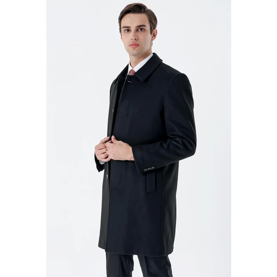 İmza Siyah Kaşe Berberi Yaka Yırtmaçlı Comfort Fit Rahat Kesim Klasik Palto 1005235252