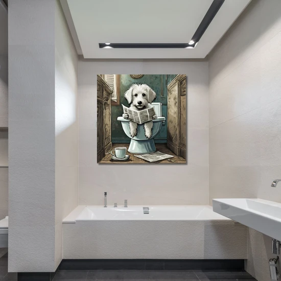 Tekli Kare Kanvas Banyo Tablosu Gazete Okuyan Beyaz Terrier Köpek