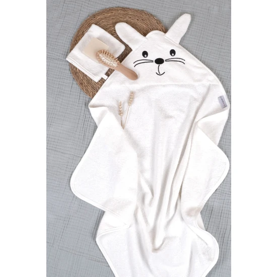 Lawon Tekstil Lawon Kids  Pamuk Tavşan Desen Nakışlı ve Kese  Bebek Havlu kundak *beyaz