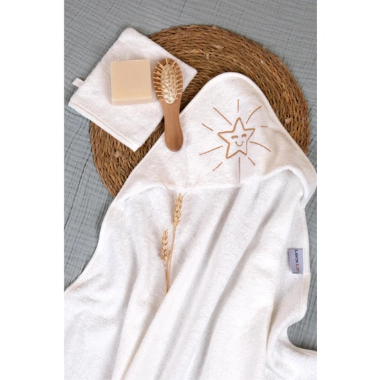 Lawon Tekstil Lawon Kids Bambu Yıldız  Nakışlı ve Kese  Bebek Havlu Kundak *beyaz