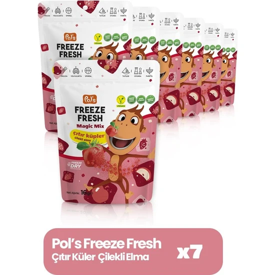 Pol’s Freeze Fresh Kukuli Magic Küp Çilekli Elma 16 g x 7 Adet Freeze Dry Dondurularak Kurutulmuş Meyve