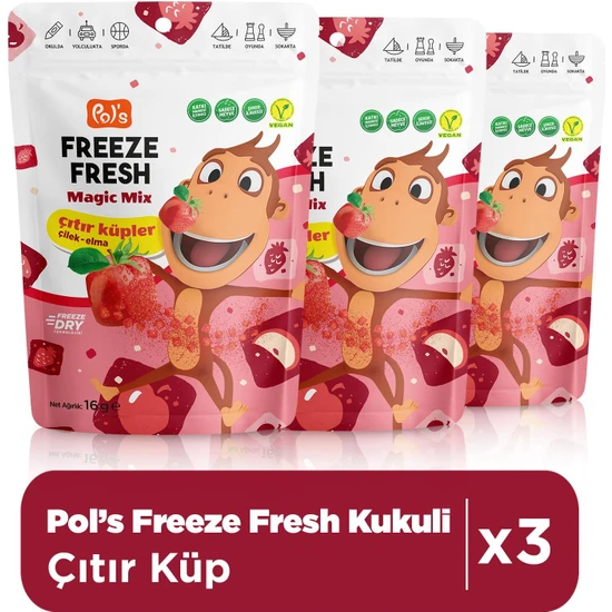 Pol’s Freeze Fresh Magic Küp Çilekli Elma 16 g x 3 Adet Freeze Dry Dondurularak Kurutulmuş Meyve