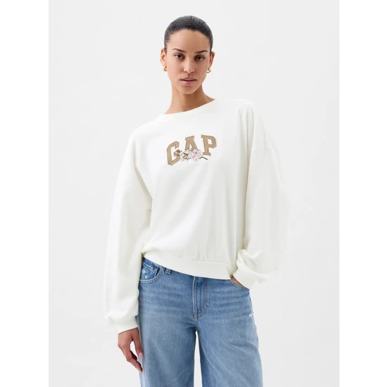 Gap Kadın Beyaz Gap Logo Çiçek Işlemeli Sweatshirt