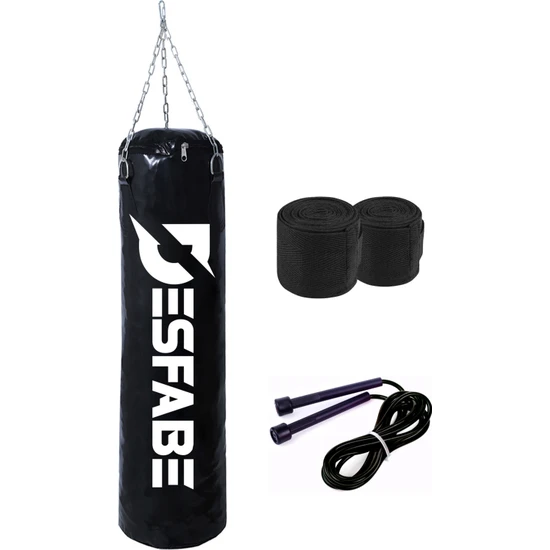 Desfabe Boxing Star 70X25 cm Zincirli Boks Kum Torbası Siyah+El Sargı Bandajı+Atlama Ipi