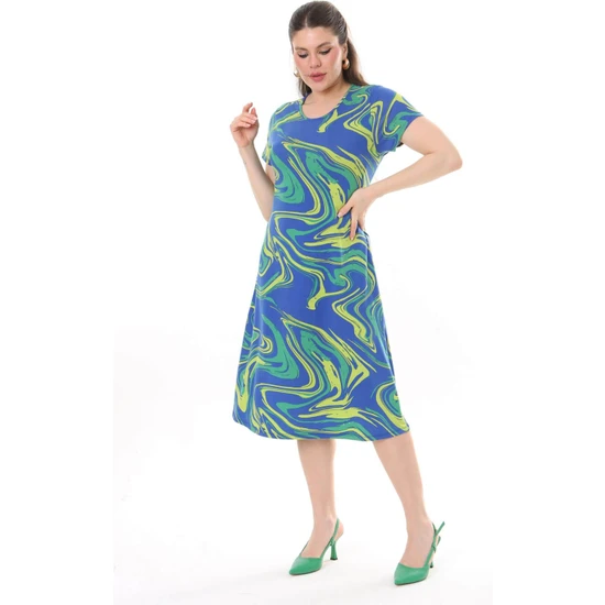 Mooi XXL Kadın Mavi Yeşil Ebru Desen Midi Elbise