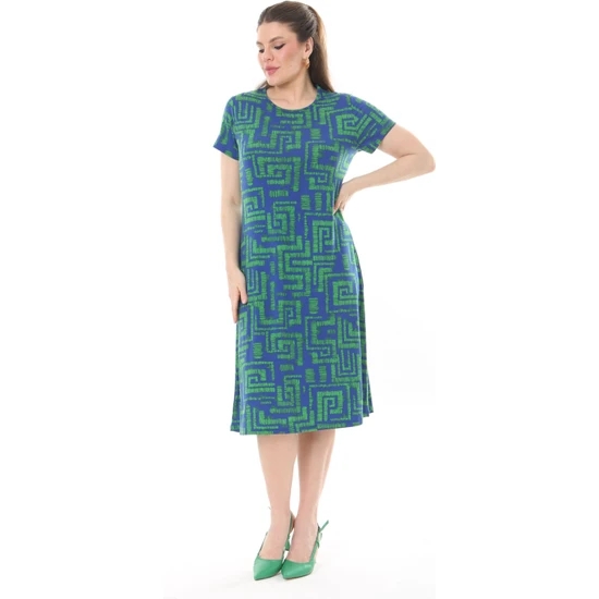 Madwilo Kadın Mavi Yeşil Labirent Desen Esnek Viskon Basic Elbise