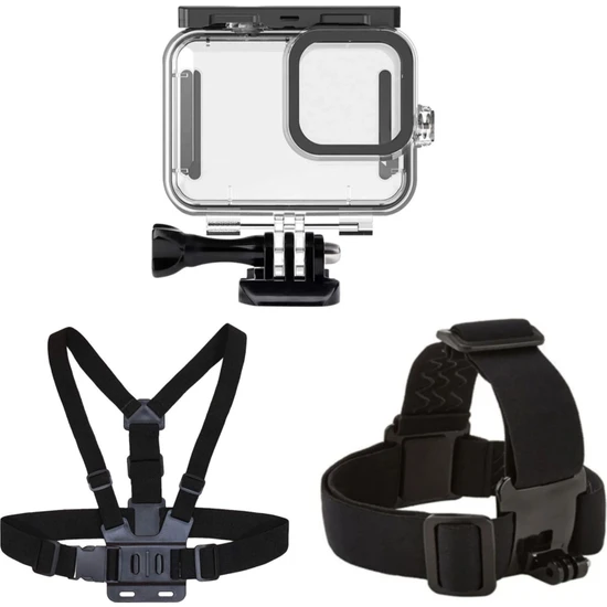 Fimtech Gopro Hero 12 Uyumlu Su Geçirmez Kılıf Housing Göğüs Bandı ve Kafa Bandı 3'lü Set