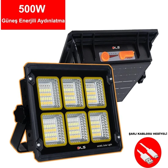 DLS Güneş Enerjili Solar 500W Watt LED Projektör Taşınabilir Sarı Beyaz ve Çakar Işık Lamba