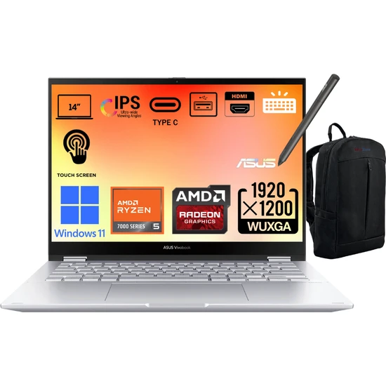 Asus Vivobook S 14 Flip TN3402YA-LZ172W Ryzen 5 7530U 16GB 1tb SSD 14 Wuxga IPS (Dokunmatik Ekran) Windows 11 2in1 Bilgisayar + Webzone Çanta
