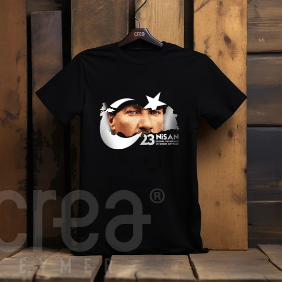 Crea Eymer Wear 23 Nisan Çocuk Bayramı Atatürk Özel Tasarım Baskılı Siyah Tişört