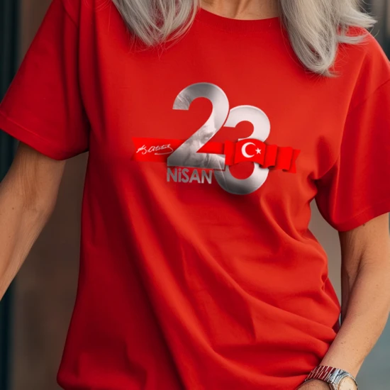 Crea Eymer Wear 23 Nisan Çocuk Bayramı Atatürk Gümüş Varak Baskılı Kırmızı Tişört