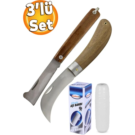 Badem10 Kudre Aşı Bıçağı Eğri Uçlu Bağ Bıçağı Çakısı + Düz Uçlu Açı Bıçak + Aşı Bandı (3'lü Set)