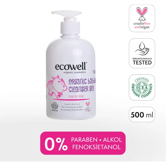 Ecowell Bebek ve Çocuk Temizleme Jeli, Organik & Vegan Sertifikalı, Şampuan, Duş Jeli Sabun Parabensiz 500ml