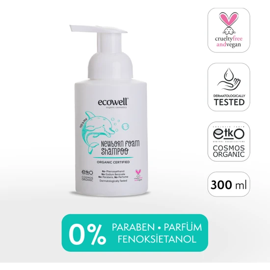 Ecowell Yenidoğan Bebek Saç ve Vücut Köpük Şampuanı Organik & Vegan Sertifikalı Konak Önleyici Kokusuz 300ml