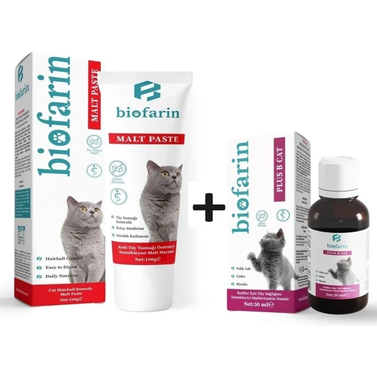 Biofarin Kediler Için Tüy Yumağı Önleyici Malt MACUN100GR + Tüy Sağlığı Damlası 50 ml Plus B Cat 2li Set - Kedi Vitamini