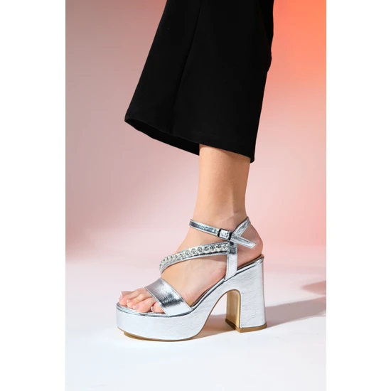 Luvi Milton Gümüş Cilt Taşlı Kadın Platform Topuklu Abiye Ayakkabı