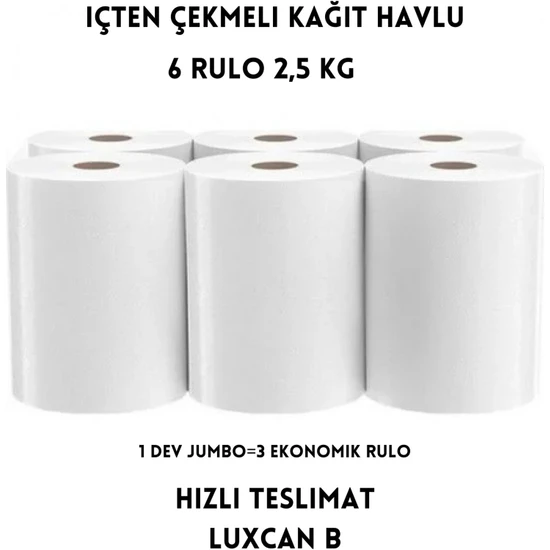 LuxCan B Içten Çekmeli Jumbo Kağıt Havlu Dev Rulo Havlu Kopmalı 2,5 kg 6 Rulo Avantajlı Paket