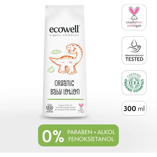 Ecowell Bebek Yüz ve Vücut Losyonu, Organik & Vegan Sertifikalı, Nemlendirici Bebe Kremi, Parabensiz, 300ml