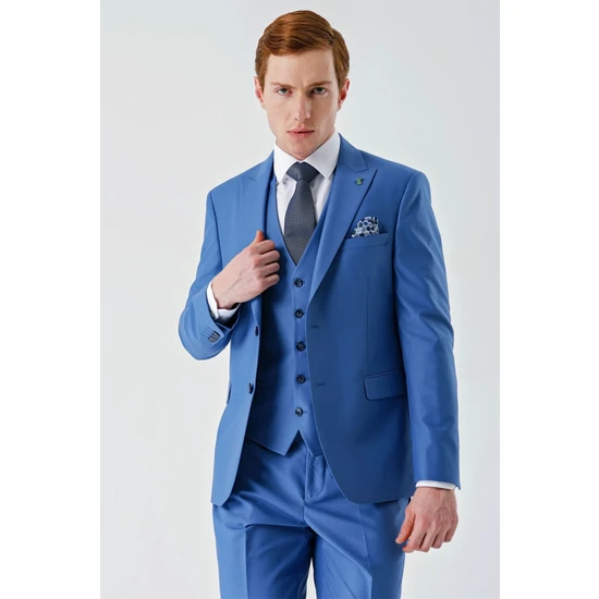 İmza Mavi Gabardin Kırlangıç Yaka Yelekli 6 Drop Slim Fit Klasik Takım Elbise 1001240187
