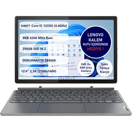 Lenovo Ideapad Duet 5 12IAU7 82TQ004XTX Intel Core i5-1235U 8 GB 256 GB SSD 12.4 FreeDos Dokunmatik Ikisi Birarada Bilgisayar