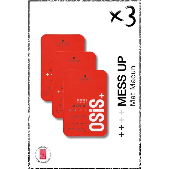 Schwarzkopf Osis Mess Up Mat Şekillendirici Macun 100ML x 3 Adet | Orta Tutuş Mat Görünüm Kolay Şekil Esnek Wax