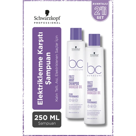 Schwarzkopf Bonacure Bc Clean Frizz Away Babassu Yağı Özlü Elektriklenme Karşıtı Şampuan 250ML x 2 Adet