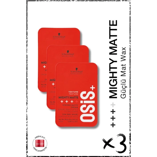 Schwarzkopf Osis Mighty Matte Güçlü Tutucu Mat Wax 100ML x 3 Adet | Orta Tutuş Güçlü Doku Mat Bitişli Wax Krem