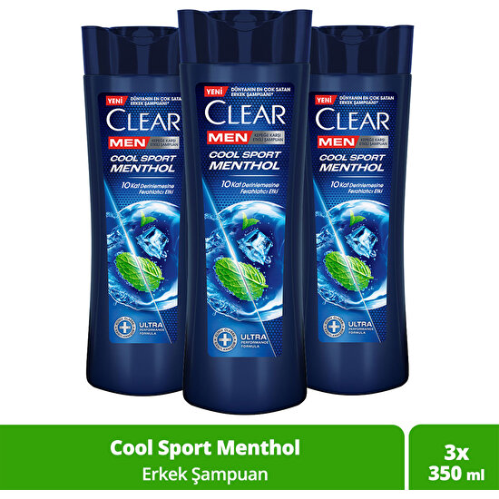 Clear Men Kepeğe Karşı Etkili Şampuan Cool Sport Menthol Ferahlatıcı Mentol Etkisi 350 ml x3