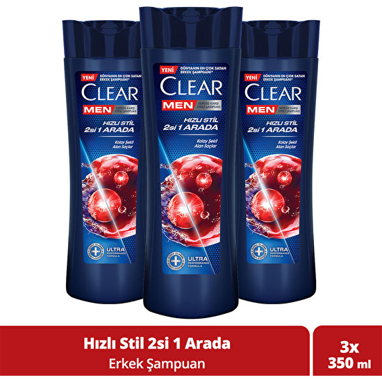 Clear Men Kepeğe Karşı Etkili Şampuan Hızlı Stil 2'si 1 Arada Kolay Şekil Alan Saçlar 350 ml x3