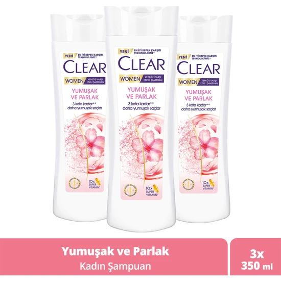 Clear Women Kepeğe Karşı Etkili Şampuan Yumuşak ve Parlak 350 ml x3