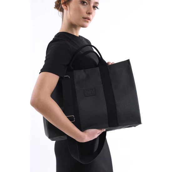 ZZ Design Kadın Mumlu Kanvas Çanta Büyük Boy Kadın El ve Omuz Çantası Siyah Renk