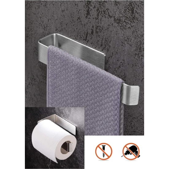 FH Design Home Paslanmaz Çelik Yapışkanlı Havluluk ve Tuvalet Kağıtlığı Seti