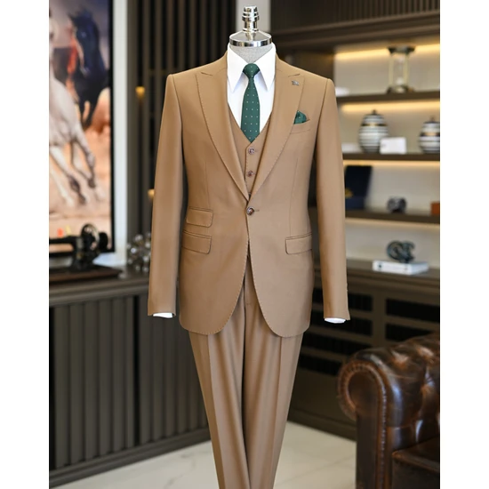 Terzi Adem Altun Italyan Stil Slim Fit Ceket Yelek Pantolon Takım Elbise Camel T11485