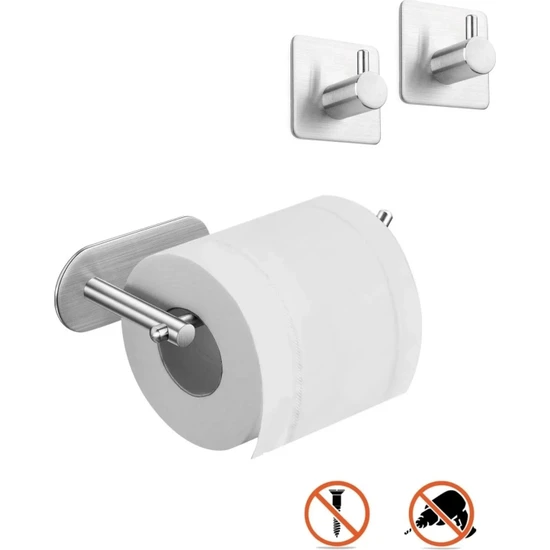 FH Design Home Paslanmaz Çelik Set Tuvalet Kağıtlığı - 2 Adet Havluluk - Yapışkanlı Bant Sistem